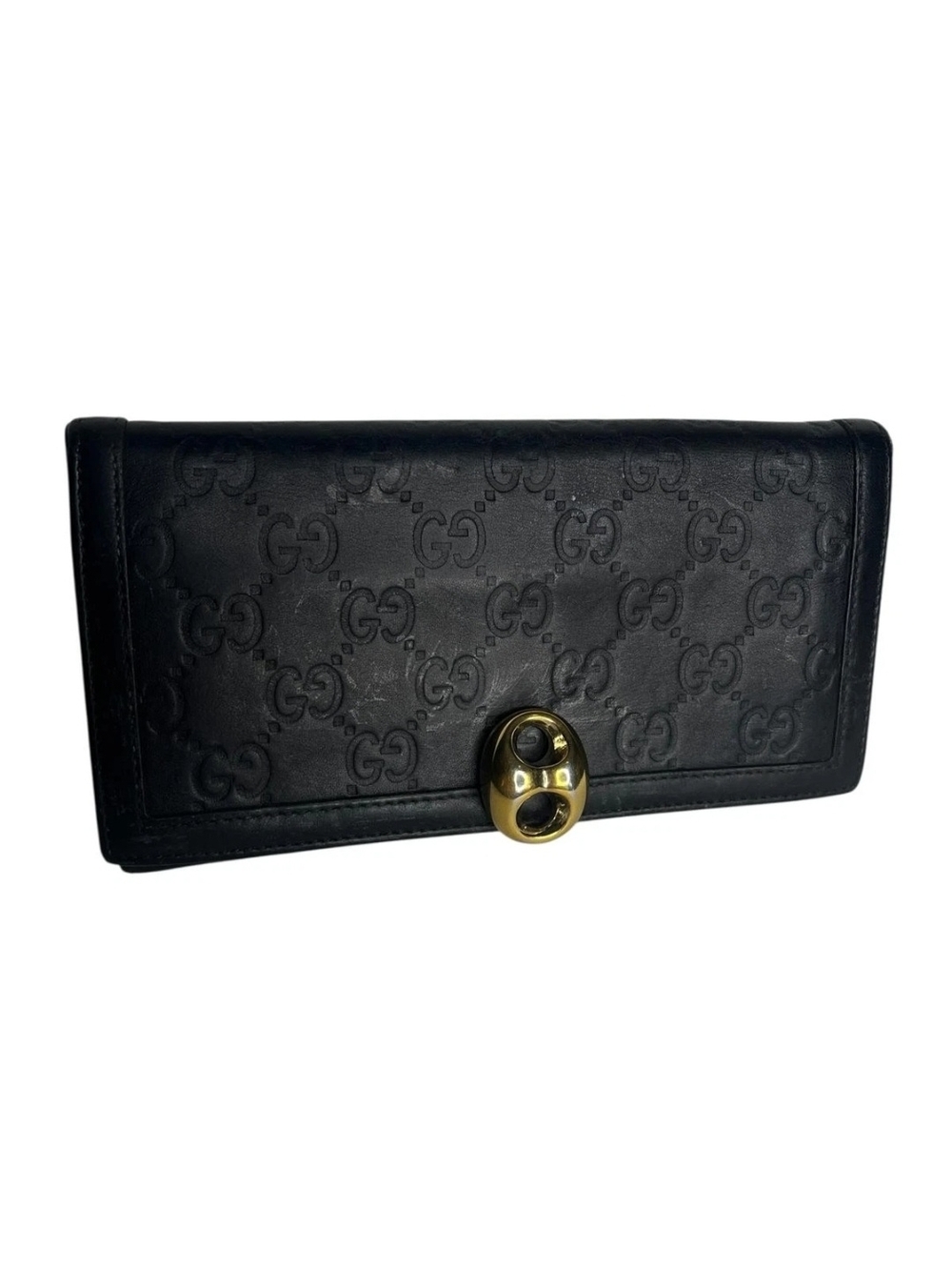 Gucci Black GG Embossed Leather Continental Wallet with Gold Clasp
